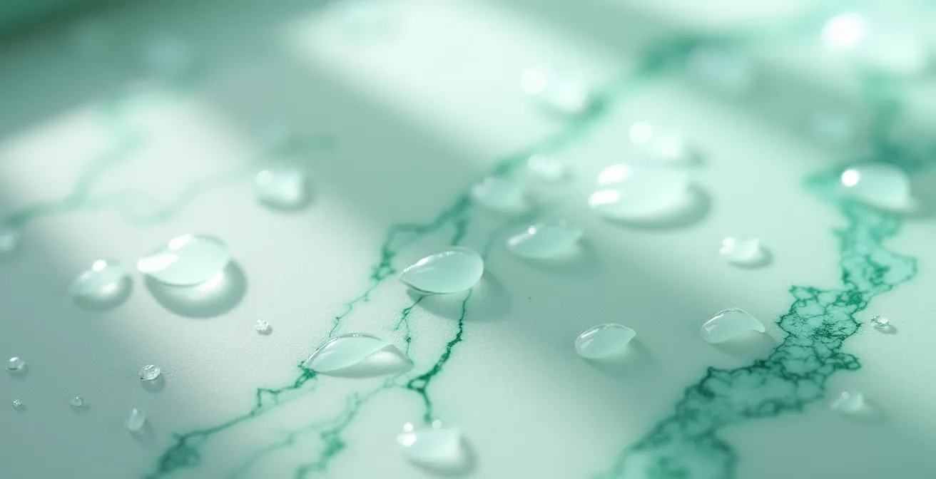 Détail macro d'une surface marbrée avec reflets vert menthe