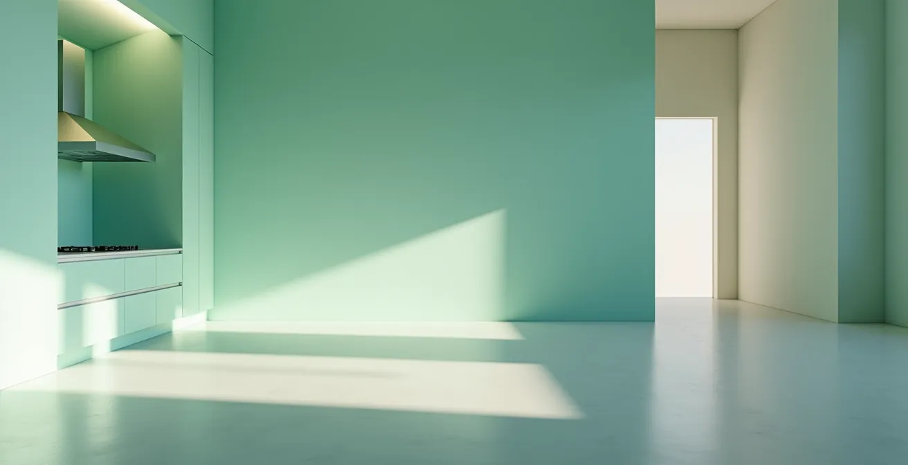 Éclairage LED indirect illuminant un mur vert menthe dans une cuisine moderne