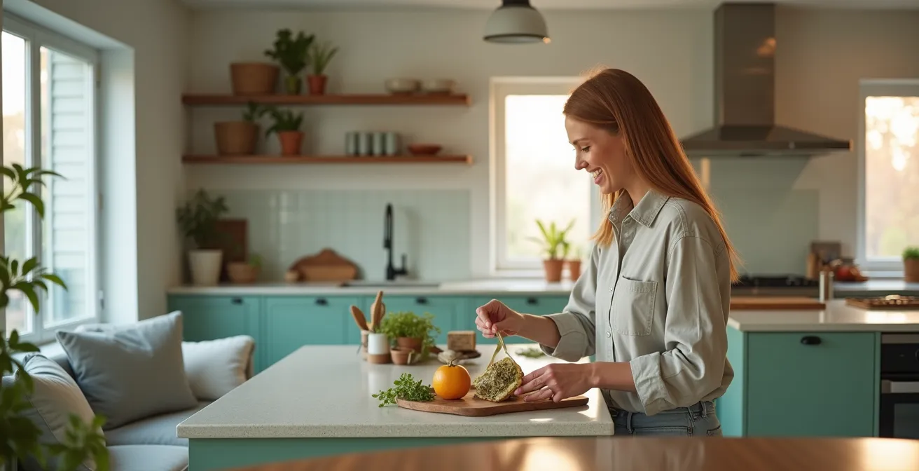Personne préparant un repas dans une cuisine ouverte aux tons vert menthe